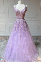 Tulle A-line V-neck Prom Dresses With Lace Appliques, Evening Dress