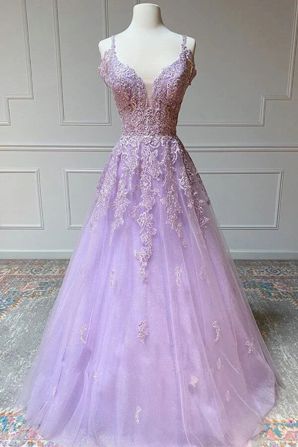 Tulle A-line V-neck Prom Dresses With Lace Appliques, Evening Dress