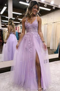 Tulle A-line V-neck Prom Dresses With Side Slit, Long Formal Dresses