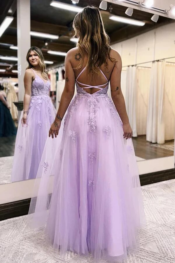 Tulle A-line V-neck Prom Dresses With Side Slit, Long Formal Dresses