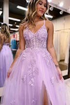 Tulle A-line V-neck Prom Dresses With Side Slit, Long Formal Dresses