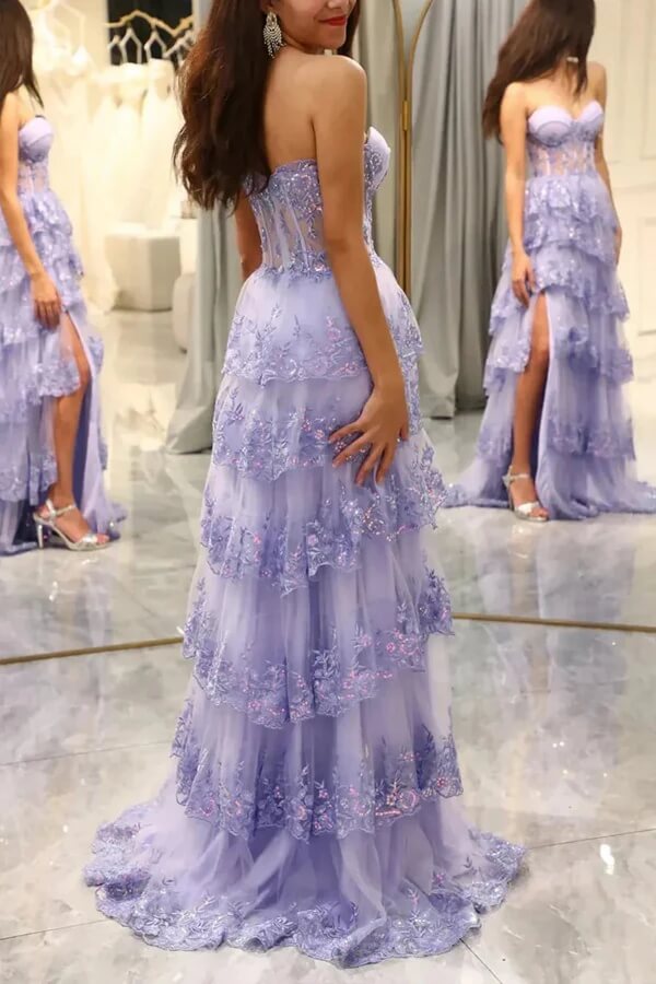 Tulle Layered A-line Sweetheart Lace Appliques Prom Dresses with Slit