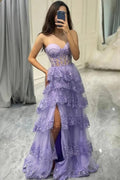 Tulle Layered A-line Sweetheart Lace Appliques Prom Dresses with Slit