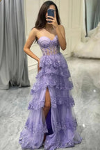 Tulle Layered A-line Sweetheart Lace Appliques Prom Dresses with Slit