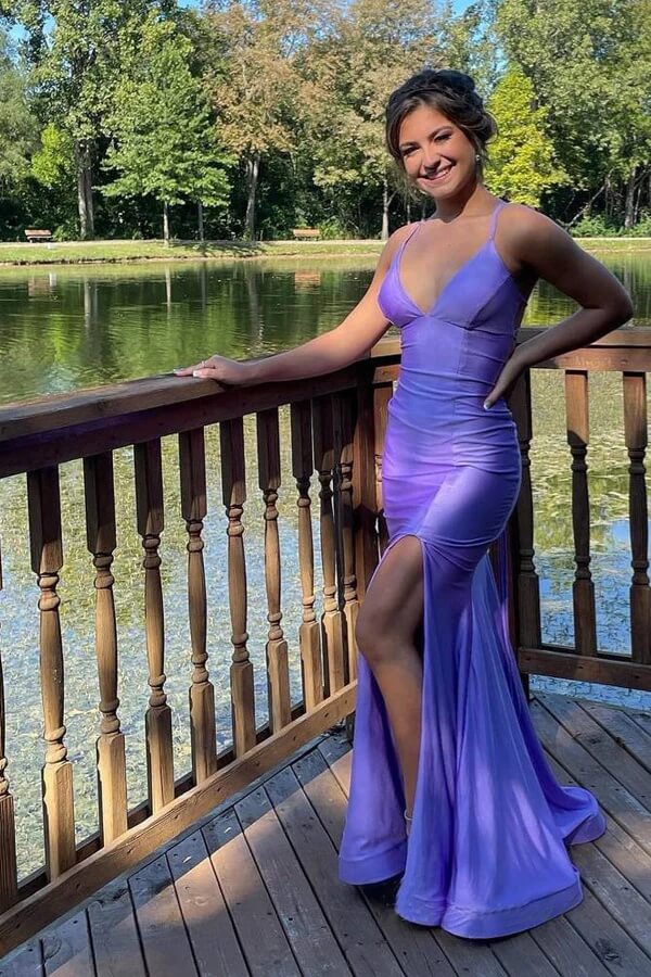 Lilac Mermaid Spaghetti Straps Floor Length Prom Dresses With Slit