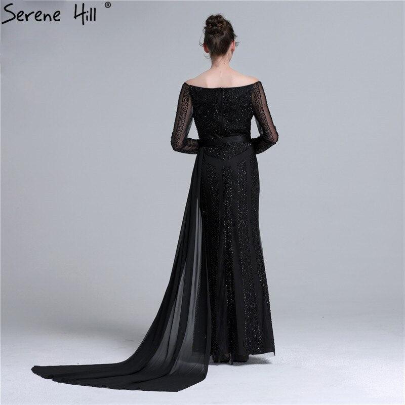 Long Sleeve Black Mermaid Tulle Evening Dresses Beading Sequined Formal Dress Real Photo 2024 Serene Hill LA6009