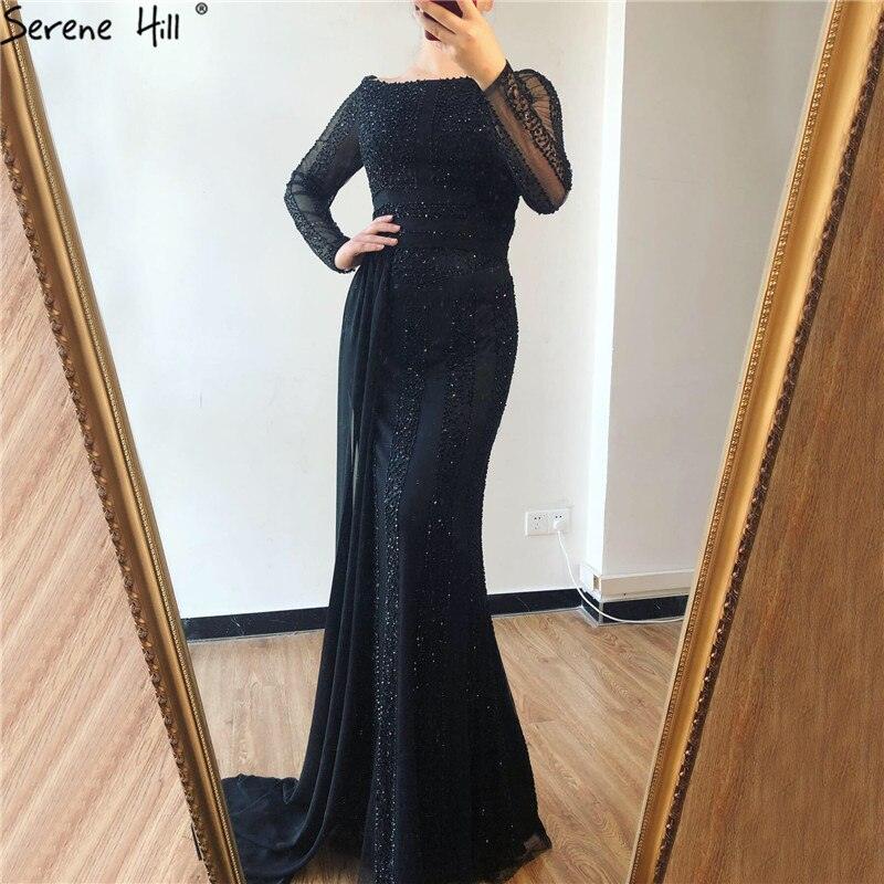 Long Sleeve Black Mermaid Tulle Evening Dresses Beading Sequined Formal Dress Real Photo 2024 Serene Hill LA6009