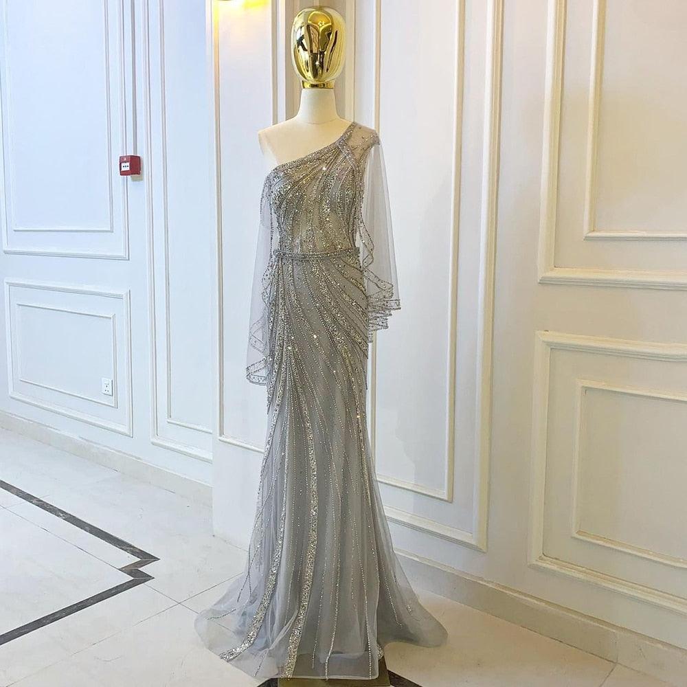 Luxury Grey One Shouder Evening Dresses Gowns Mermaid Beaded Elegant For Women Party Serene Hill LA71518