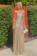 Luxury Champagne Prom Dresses with Metallic Fabric Strapless Ruched Detail and Pleated Skirt