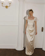 Luxury Prom Dresses with Satin Fabric Chiffon Capelet and Ruched Back