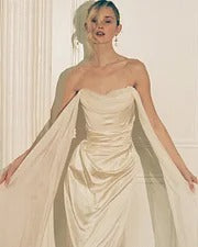 Luxury Prom Dresses with Satin Fabric Chiffon Capelet and Ruched Back