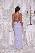 Luxury Lavender Prom Dresses with Lace Fabric Halter Neck and Ruffle Detail