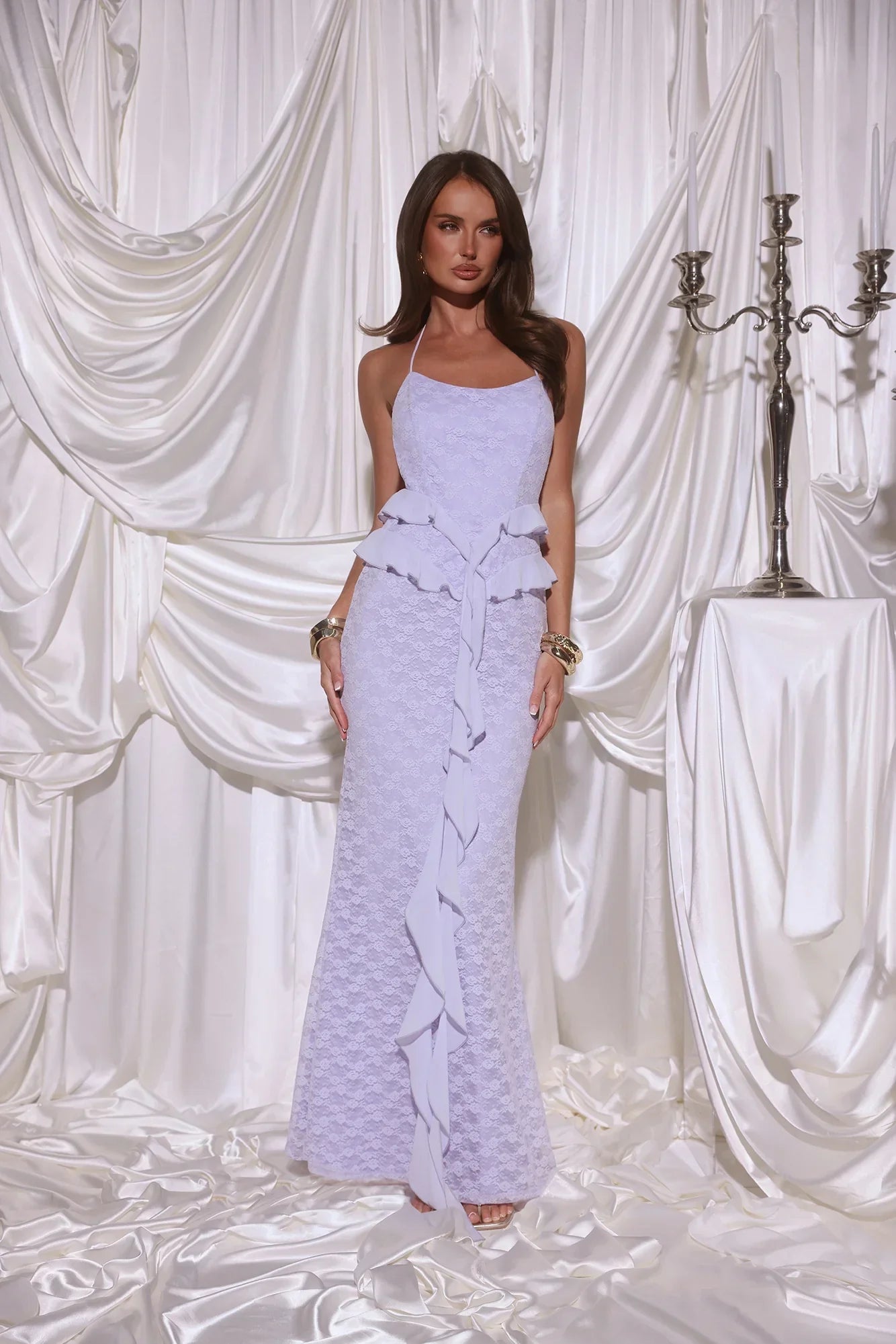 Luxury Lavender Prom Dresses with Lace Fabric Halter Neck and Ruffle Detail