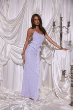 Luxury Lavender Prom Dresses with Lace Fabric Halter Neck and Ruffle Detail
