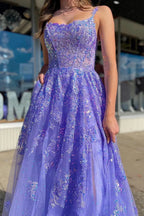 Luxury Lavender Prom Dresses with Tulle Fabric Sequin Lace Embroidery and Pockets