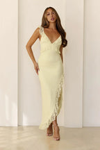 Luxury Lemon  Prom Dresses with Lace Fabric Spaghetti Strap and Asymmetrical Hem