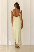 Luxury Lemon  Prom Dresses with Lace Fabric Spaghetti Strap and Asymmetrical Hem