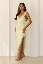 Luxury Lemon  Prom Dresses with Lace Fabric Spaghetti Strap and Asymmetrical Hem