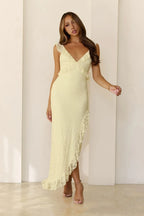 Luxury Lemon  Prom Dresses with Lace Fabric Spaghetti Strap and Asymmetrical Hem