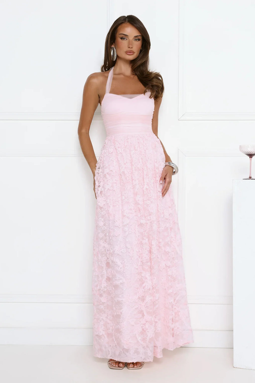 Luxury Prom Dresses with Lace Fabric Halter Neck and Sequin Detail