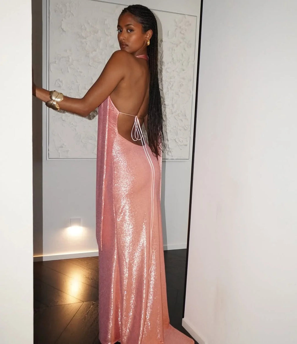 Luxury Prom Dresses with Metallic Fabric Halter Neck and Open Back