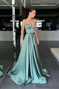 Luxury Prom Dresses Plunging Neck with Satin A Line Silhouette and Satin Belt