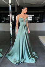 Luxury Prom Dresses Plunging Neck with Satin A Line Silhouette and Satin Belt