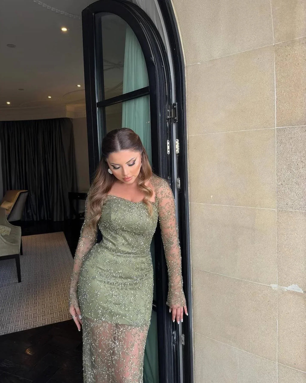 Luxury Prom Dresses with Beaded Fabric Long Sheer Sleeves and Lace Up Back
