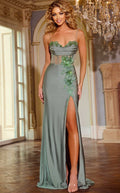 Luxury Sage Prom Dresses with Satin Fabric Beaded Applique and Lace Up Back