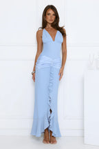 Luxury Sky Blue Prom Dresses with Satin Fabric Halter Deep V Neck and Ruffle Detail