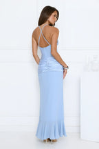 Luxury Sky Blue Prom Dresses with Satin Fabric Halter Deep V Neck and Ruffle Detail