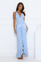 Luxury Sky Blue Prom Dresses with Satin Fabric Halter Deep V Neck and Ruffle Detail