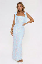 Luxury Prom Dresses with Sequin Fabric Bow Strap and Floral Embroidery