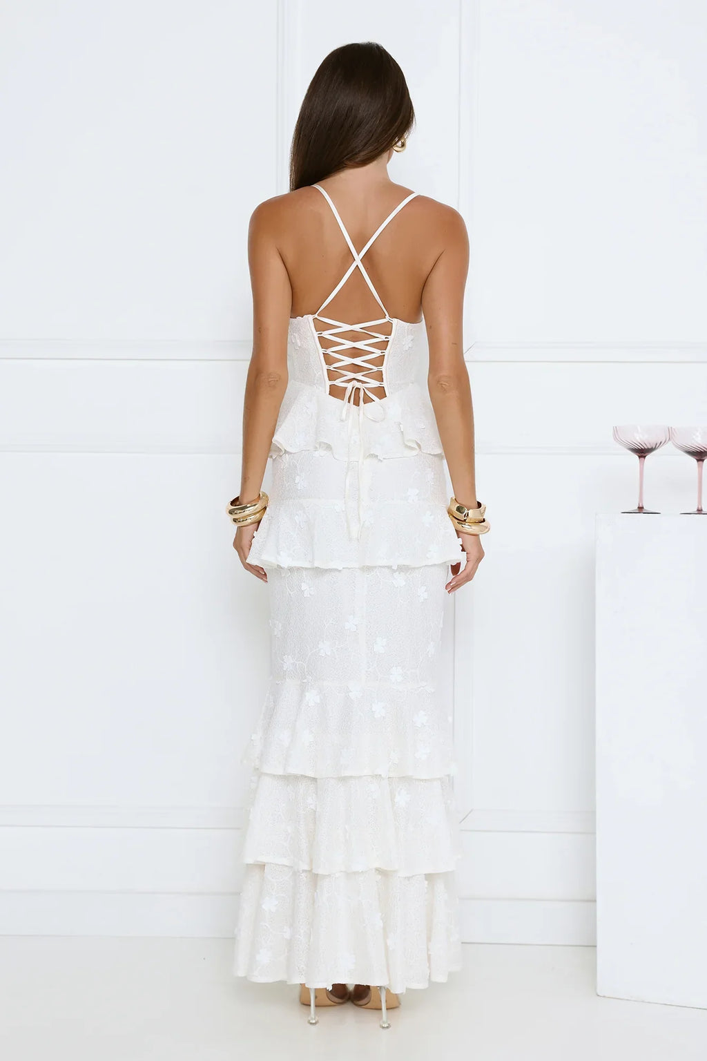 Luxury Prom Dresses with Lace Fabric Strapless Corset Bodice and Tiered Ruffle Skirt