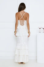 Luxury Prom Dresses with Lace Fabric Strapless Corset Bodice and Tiered Ruffle Skirt
