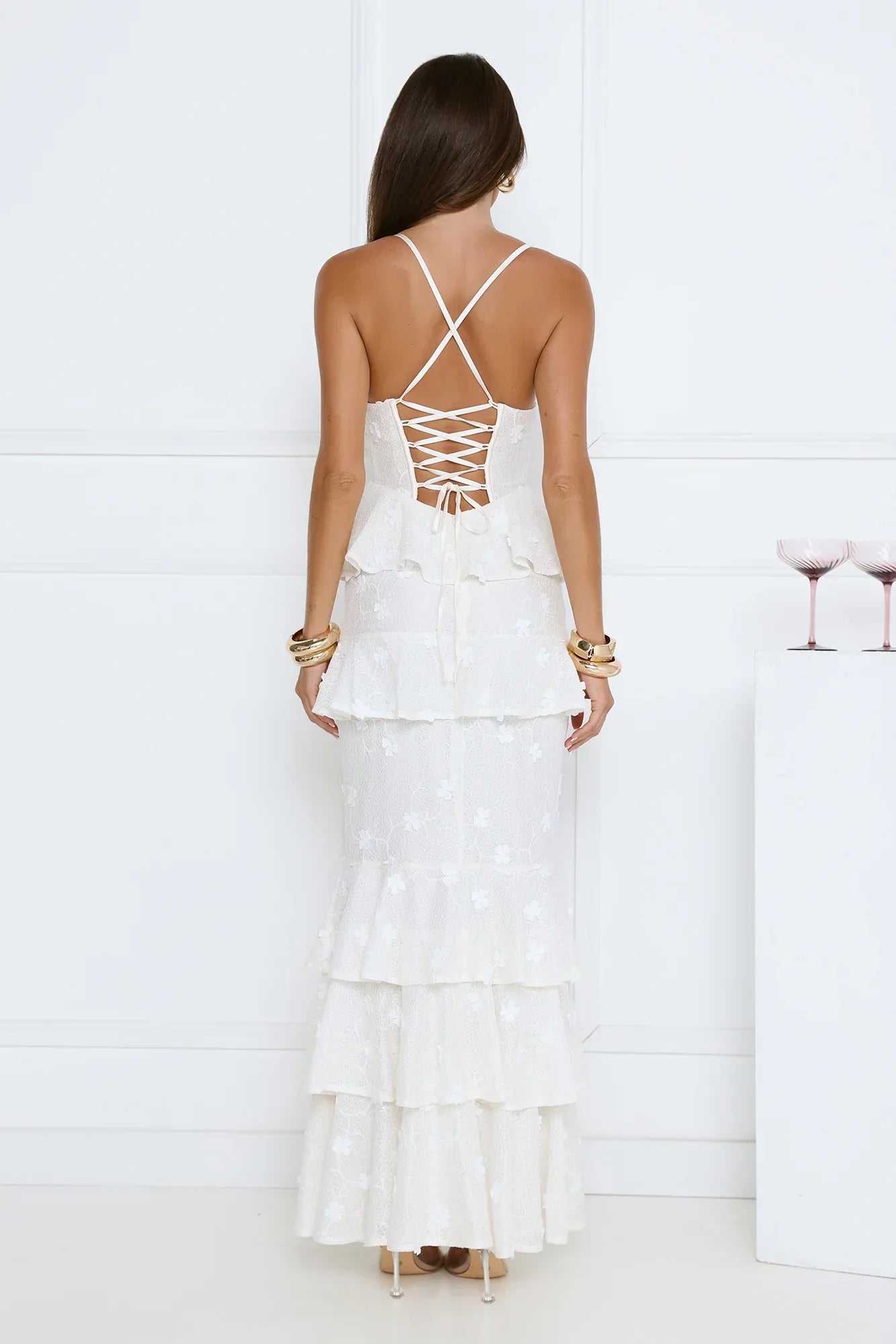 Luxury Prom Dresses with Lace Fabric Strapless Corset Bodice and Tiered Ruffle Skirt