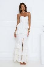 Luxury Prom Dresses with Lace Fabric Strapless Corset Bodice and Tiered Ruffle Skirt