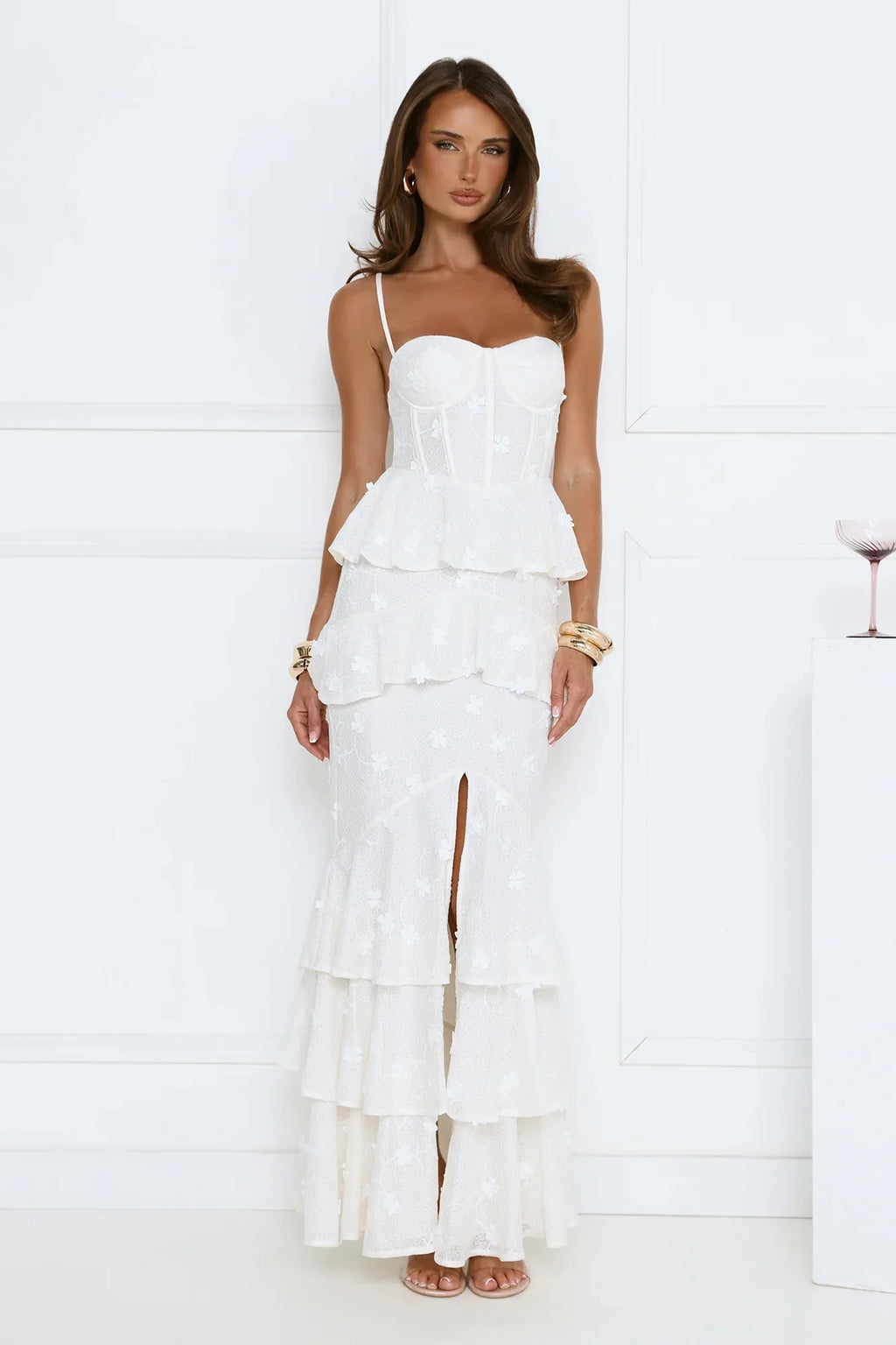 Luxury Prom Dresses with Lace Fabric Strapless Corset Bodice and Tiered Ruffle Skirt