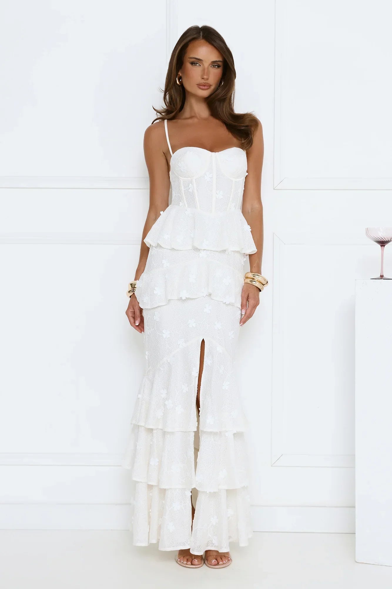 Luxury Prom Dresses with Lace Fabric Strapless Corset Bodice and Tiered Ruffle Skirt