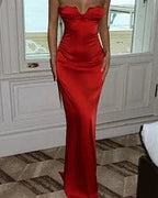 Luxury Prom Dresses with Satin Fabric Strapless Sweetheart Neck and High Slit
