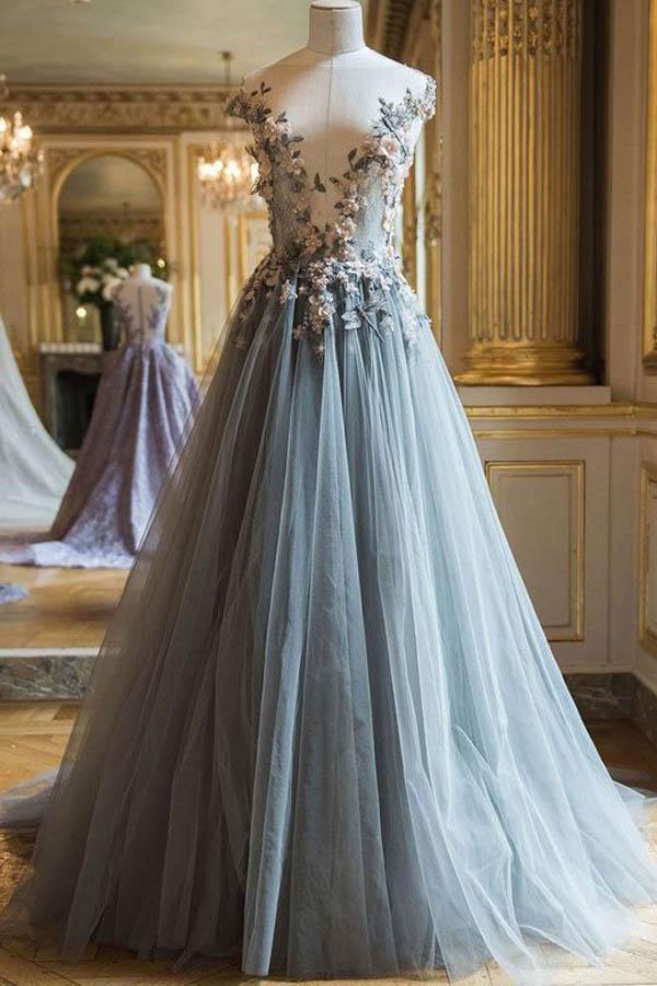 Tulle A-line V neck Long Prom Dresses With Flowers Evening Dresses