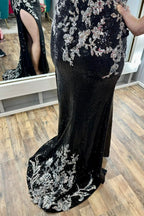 Sequin Appliques Spaghetti Strap Long Prom Dress with Slit