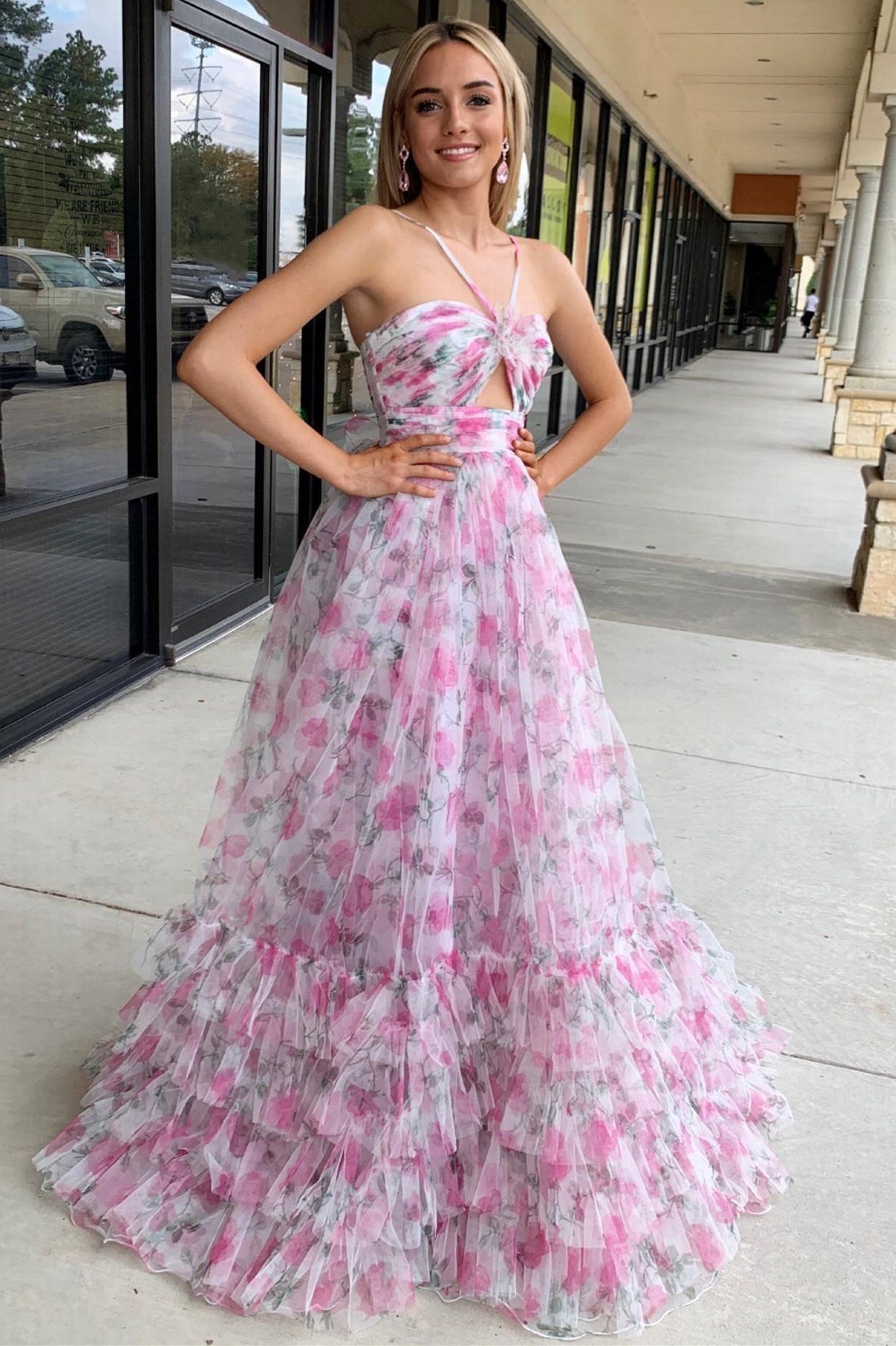 Print Halter Keyhole A-Line Long Prom Dress