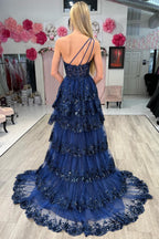 Sheath One Shoulder Tiered Lace Long Prom Dress