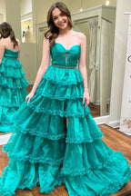 A-Line Strapless Keyhole Empire-Waist Layered Prom Dress with Slit