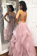 V-neck Simple Long Prom Dresses with Straps and Ruffle Skirt