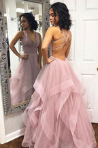 V-neck Simple Long Prom Dresses with Straps and Ruffle Skirt
