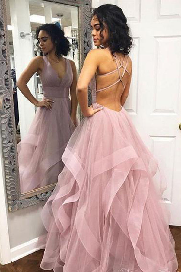 V-neck Simple Long Prom Dresses with Straps and Ruffle Skirt