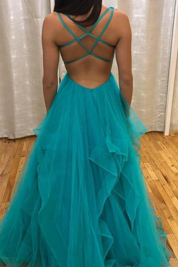 V-neck Simple Long Prom Dresses with Straps and Ruffle Skirt