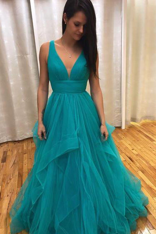 V-neck Simple Long Prom Dresses with Straps and Ruffle Skirt